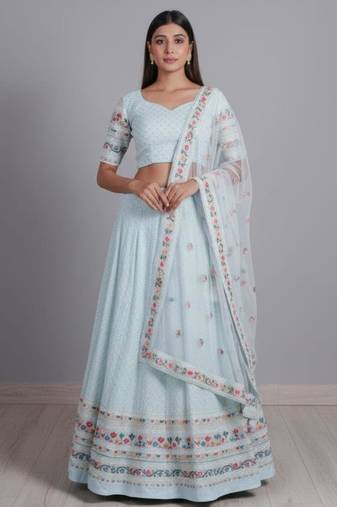 aqua blue georgette embroidered lehenga set