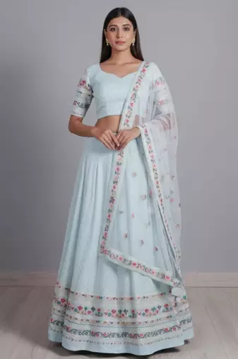 aqua blue georgette embroidered lehenga set