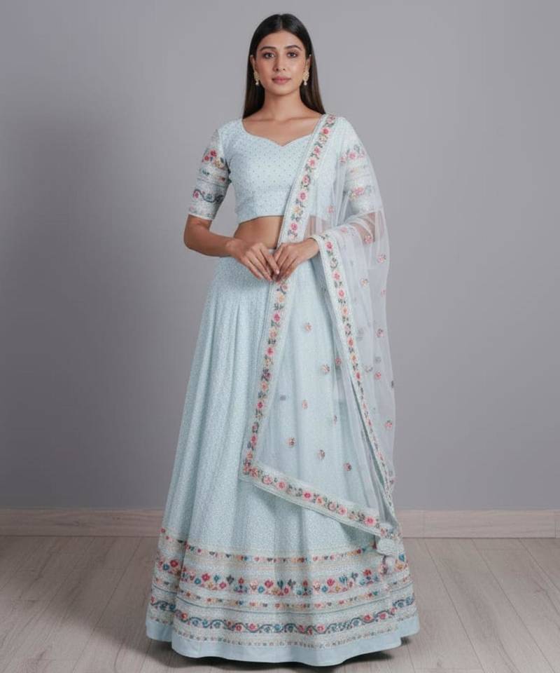 aqua blue georgette embroidered lehenga set
