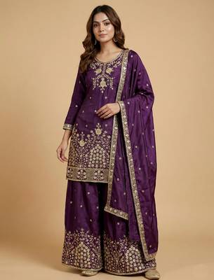 Purple designer chinon sequins embroidered work readymade suit 1