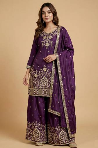 Purple designer chinon sequins embroidered work readymade suit