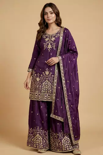 Purple designer chinon sequins embroidered work readymade suit