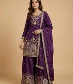 Purple designer chinon sequins embroidered work readymade suit