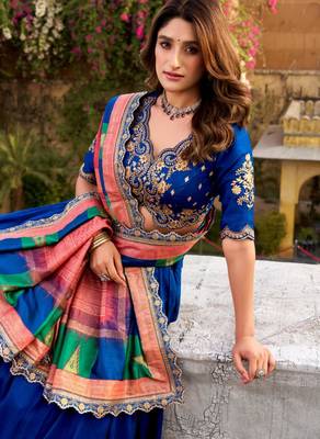 blue silk blend embroidered lehenga set 3