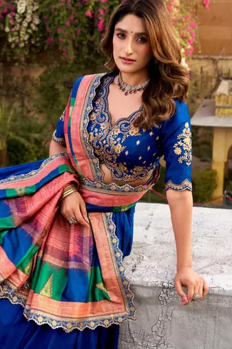 blue silk blend embroidered lehenga set