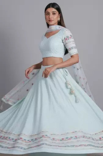 aqua blue georgette embroidered lehenga set