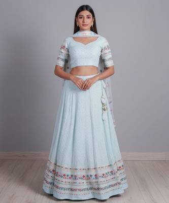 aqua blue georgette embroidered lehenga set 3