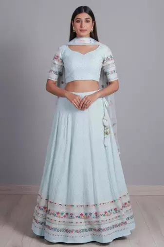 aqua blue georgette embroidered lehenga set