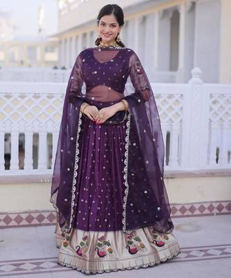 purple silk blend embroidered lehenga set 2