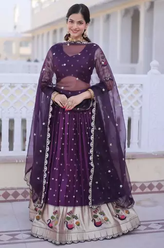purple silk blend embroidered lehenga set