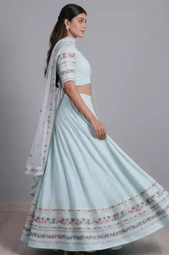 aqua blue georgette embroidered lehenga set