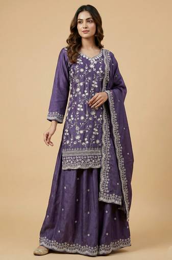 Purple designer chinon sequins embroidered work readymade suit