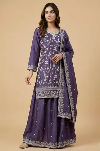 Purple designer chinon sequins embroidered work readymade suit