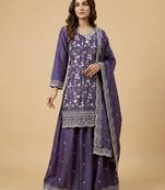 Purple designer chinon sequins embroidered work readymade suit