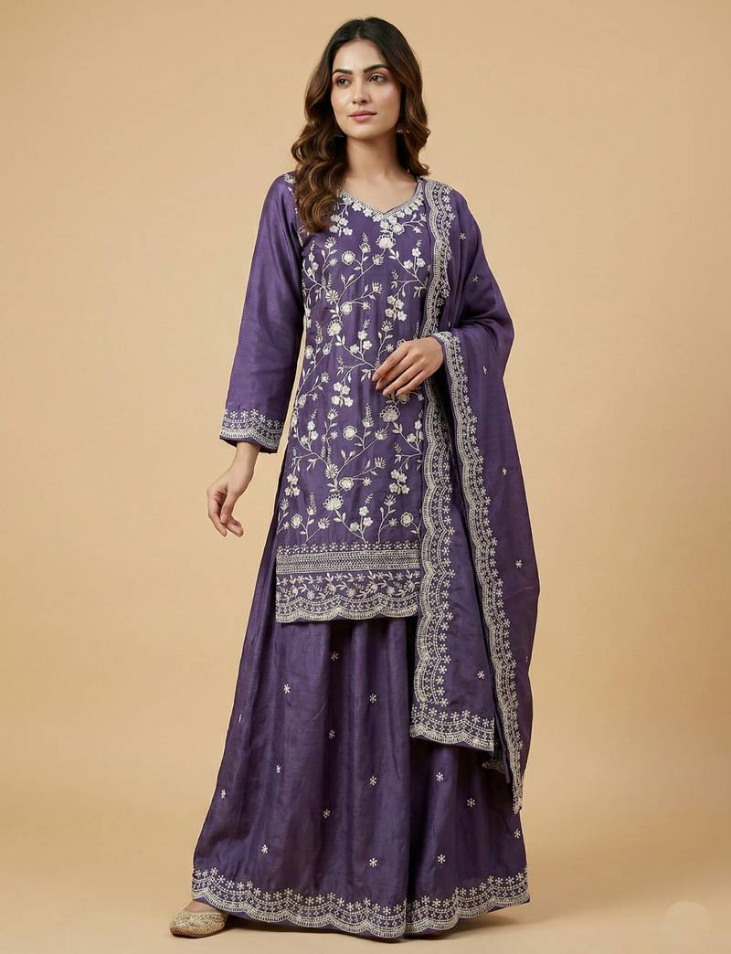 Purple designer chinon sequins embroidered work readymade suit