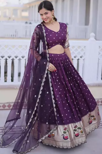 purple silk blend embroidered lehenga set