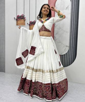 white cotton embroidered lehenga set with free size upto 44 1