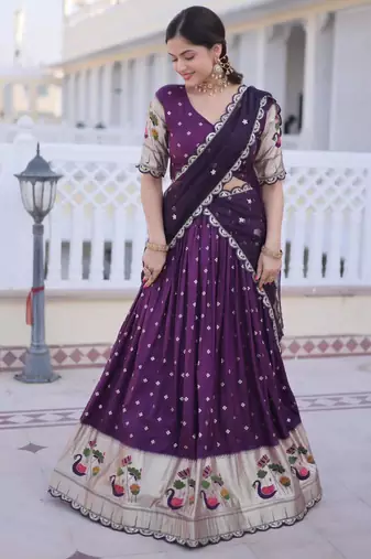 purple silk blend embroidered lehenga set