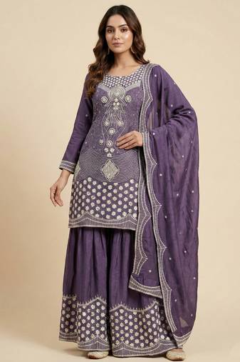 Purple designer chinon sequins embroidered work readymade suit
