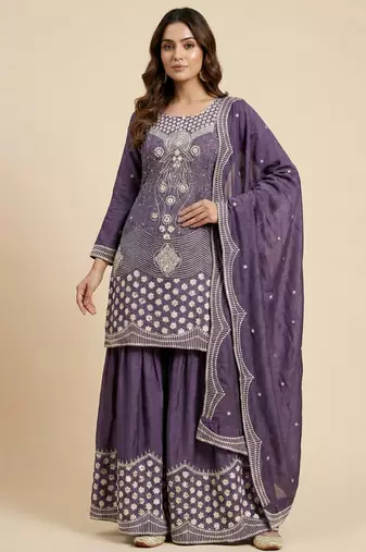 Purple designer chinon sequins embroidered work readymade suit
