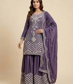 Purple designer chinon sequins embroidered work readymade suit