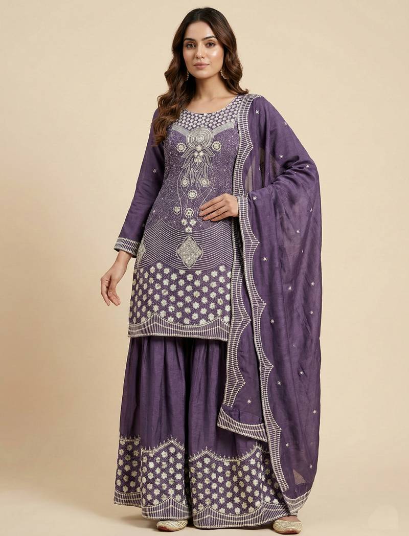 Purple designer chinon sequins embroidered work readymade suit