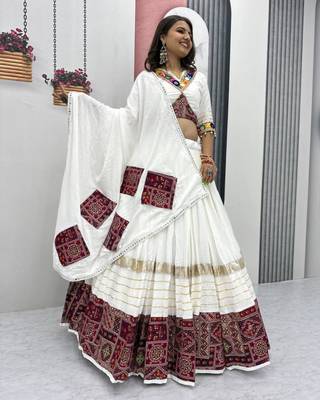 white cotton embroidered lehenga set with free size upto 44 4