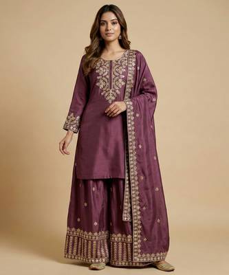 Mauve designer chinon sequins embroidered work readymade suit 1