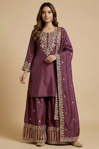 Mauve designer chinon sequins embroidered work readymade suit