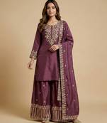 Mauve designer chinon sequins embroidered work readymade suit