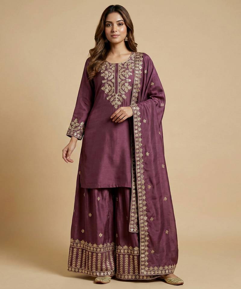 Mauve designer chinon sequins embroidered work readymade suit