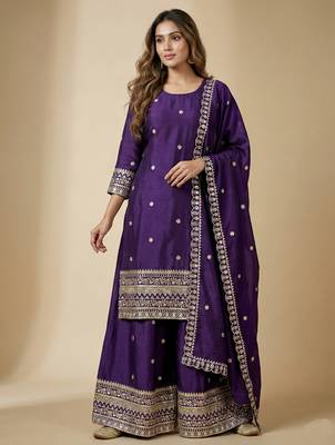 Purple designer chinon sequins embroidered work readymade suit 1