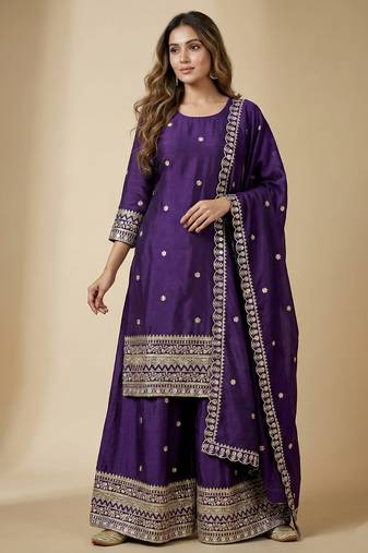 Purple designer chinon sequins embroidered work readymade suit
