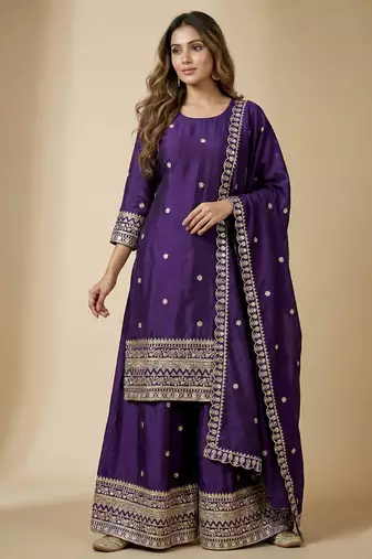 Purple designer chinon sequins embroidered work readymade suit