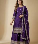 Purple designer chinon sequins embroidered work readymade suit