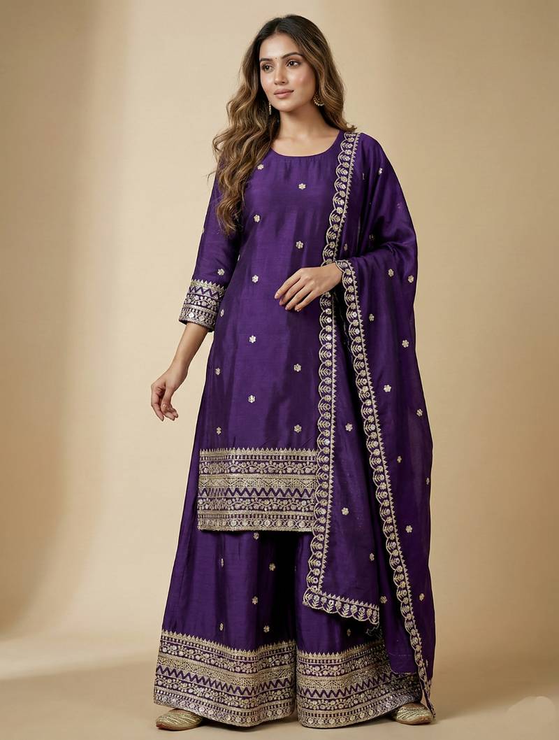 Purple designer chinon sequins embroidered work readymade suit