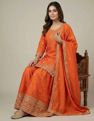 Orange designer chinon sequins embroidered work readymade suit 2