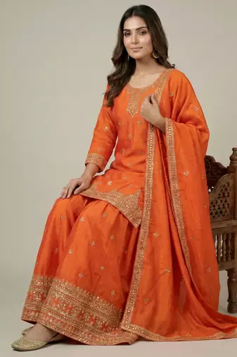 Orange designer chinon sequins embroidered work readymade suit