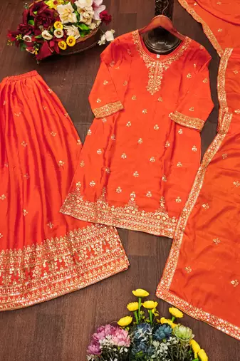 Orange designer chinon sequins embroidered work readymade suit