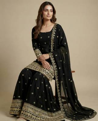 Black designer chinon sequins embroidered work readymade suit 2