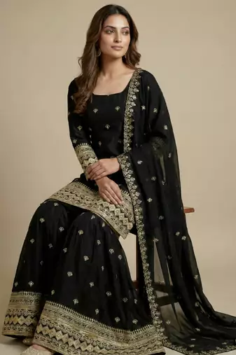 Black designer chinon sequins embroidered work readymade suit