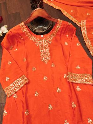 Orange designer chinon sequins embroidered work readymade suit 4