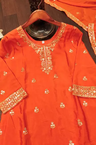 Orange designer chinon sequins embroidered work readymade suit