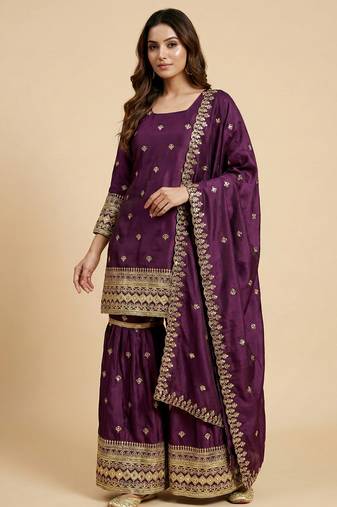 Wine designer chinon sequins embroidered work readymade suit