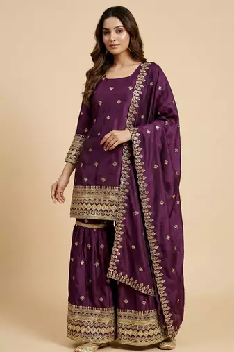 Wine designer chinon sequins embroidered work readymade suit