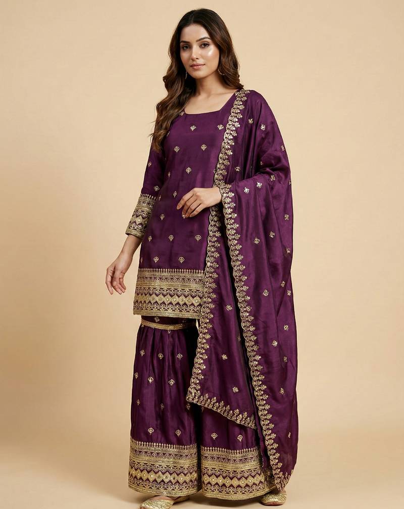 Wine designer chinon sequins embroidered work readymade suit