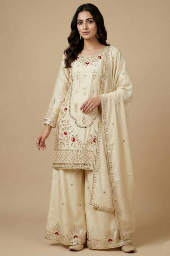 Cream designer natural crepe sequins embroidered work readymade suit