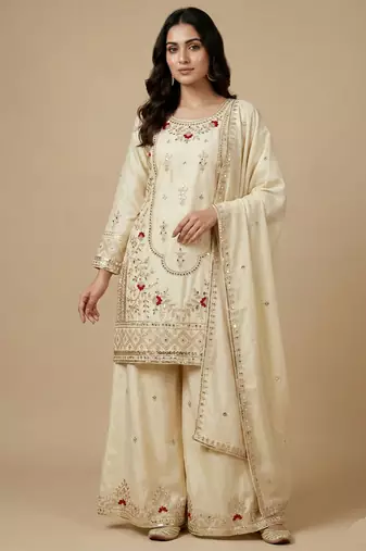 Cream designer natural crepe sequins embroidered work readymade suit