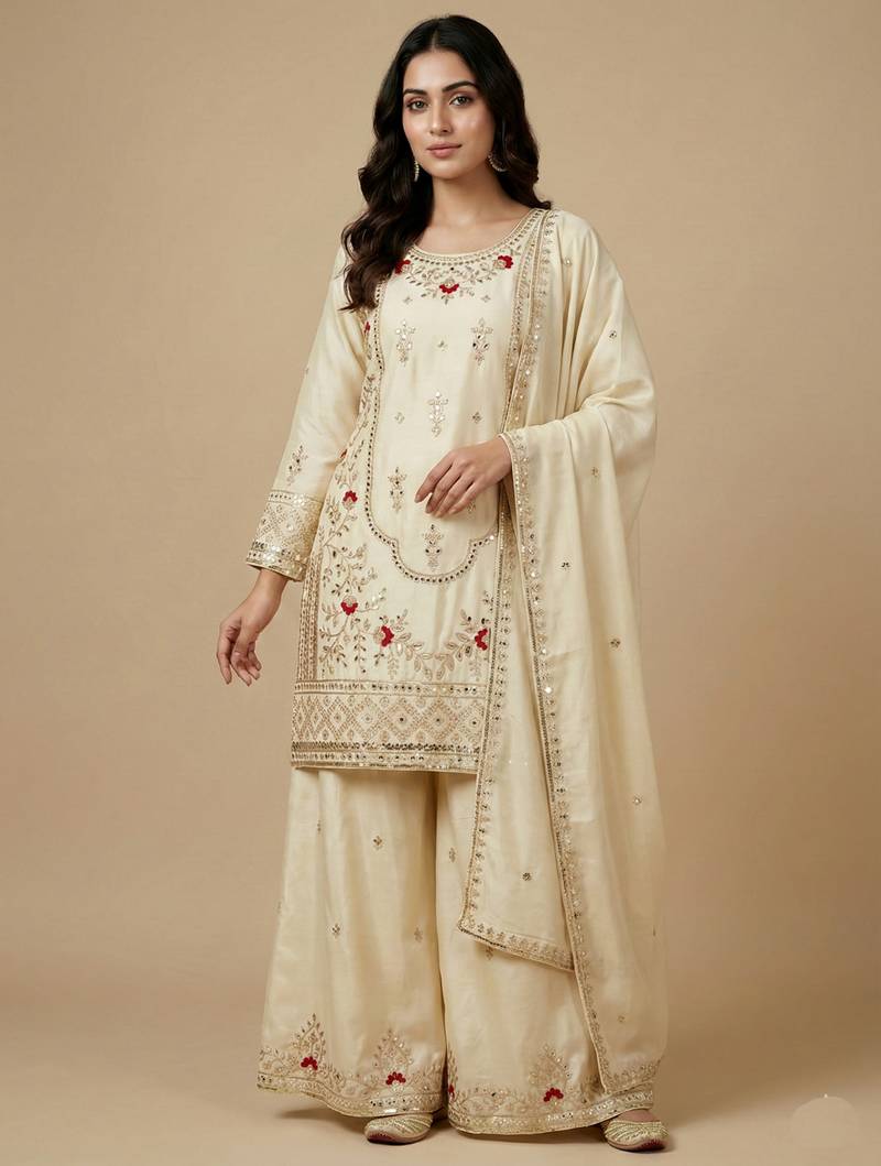 Cream designer natural crepe sequins embroidered work readymade suit