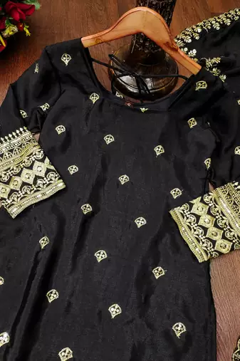 Black designer chinon sequins embroidered work readymade suit